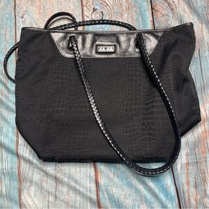 Brighton Black Croc Embossed Leather Trim Tote Bag Braided Straps Large